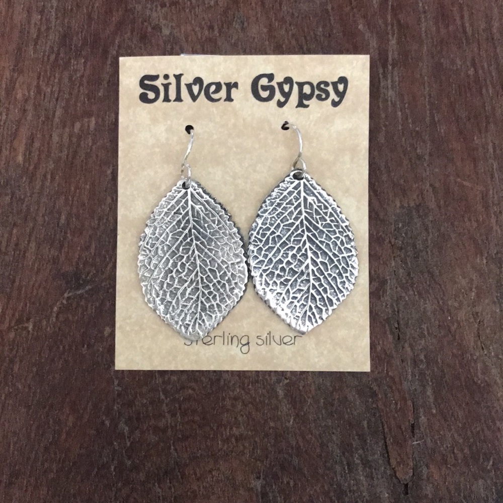 Sterling Silver Leaf Earrings. Silver Gypsy weighing 9 grams.